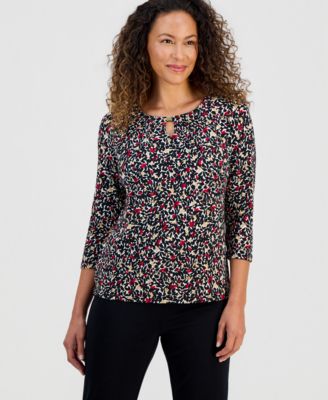 Womens Pleat-Neck 3/4-Sleeve Blouse, Regular & Petite