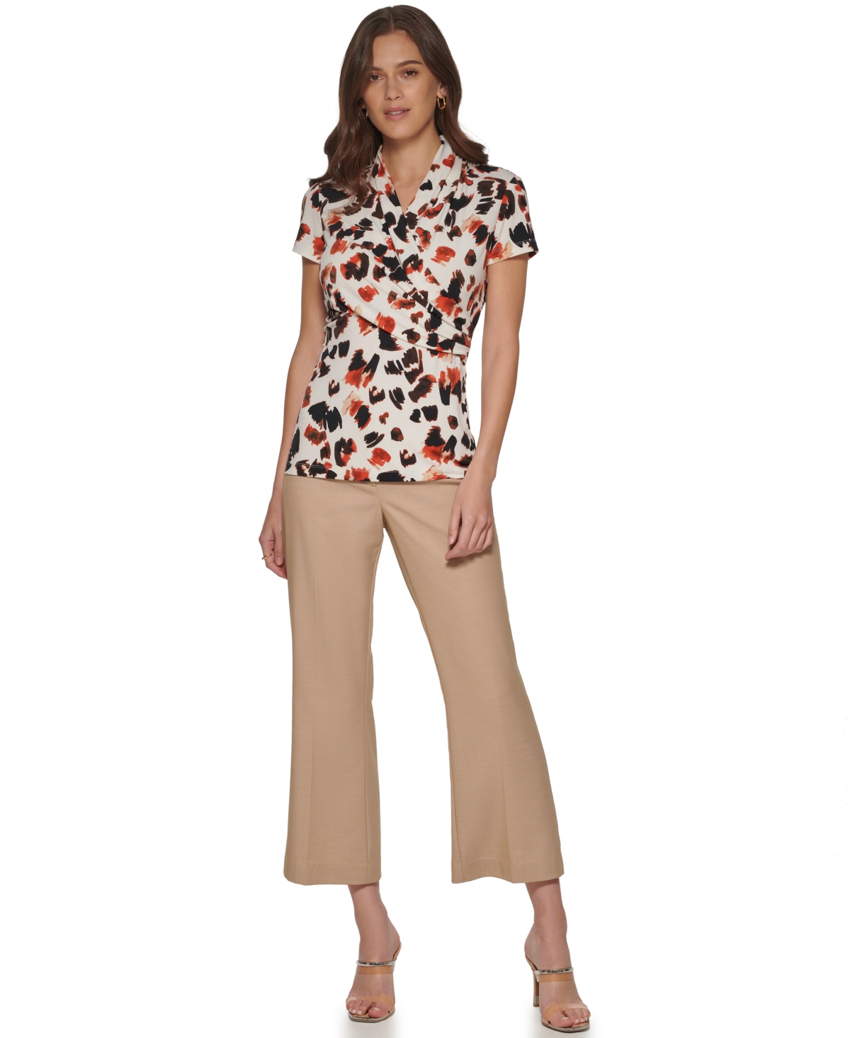 Dkny Petite Short-sleeve Printed Wrap Blouse In Multi