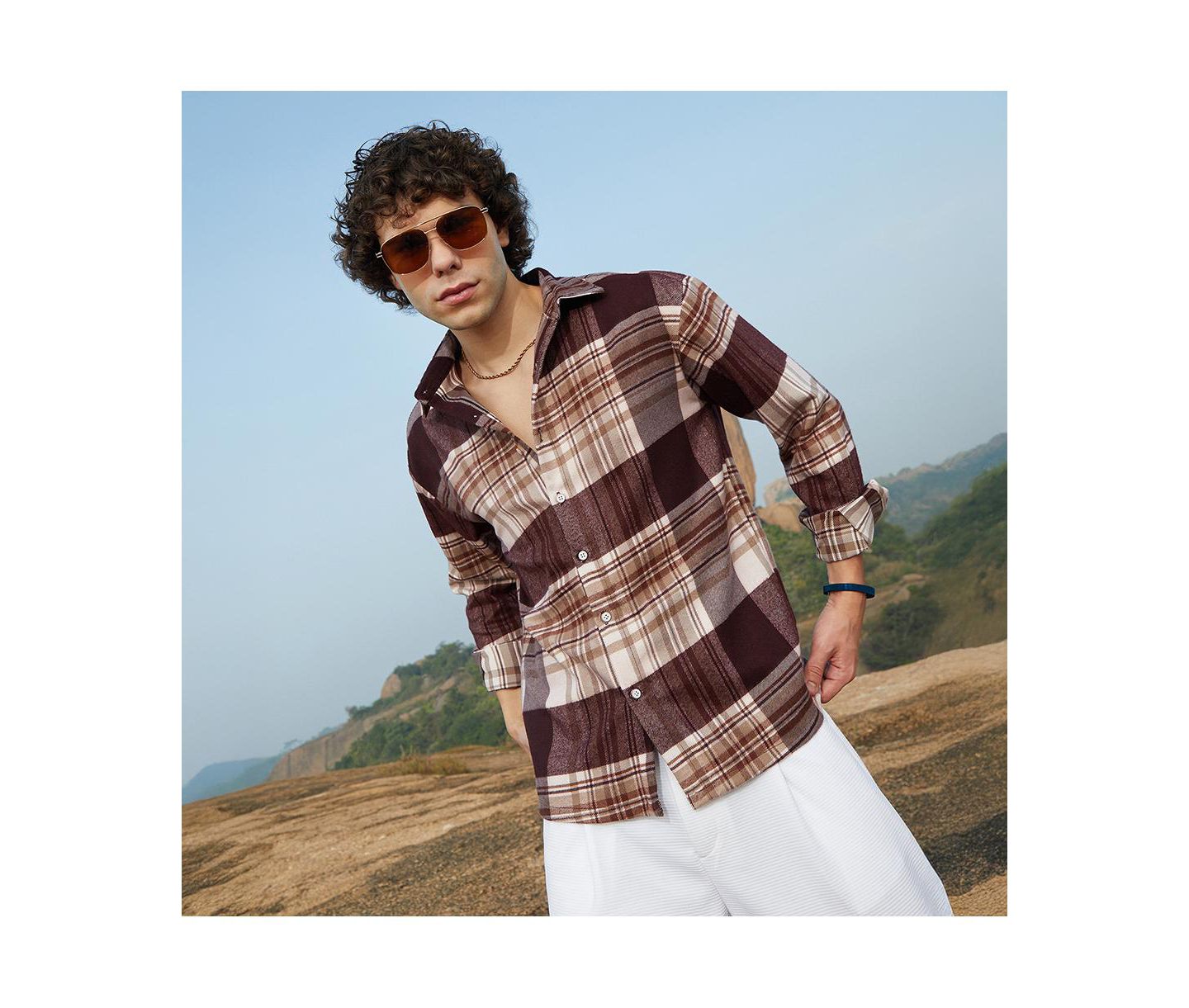 Мужская рубашка Cahoot Campus Sutra Mocha Brown Plaid Oversized, цвет: Коричневый — фото 6