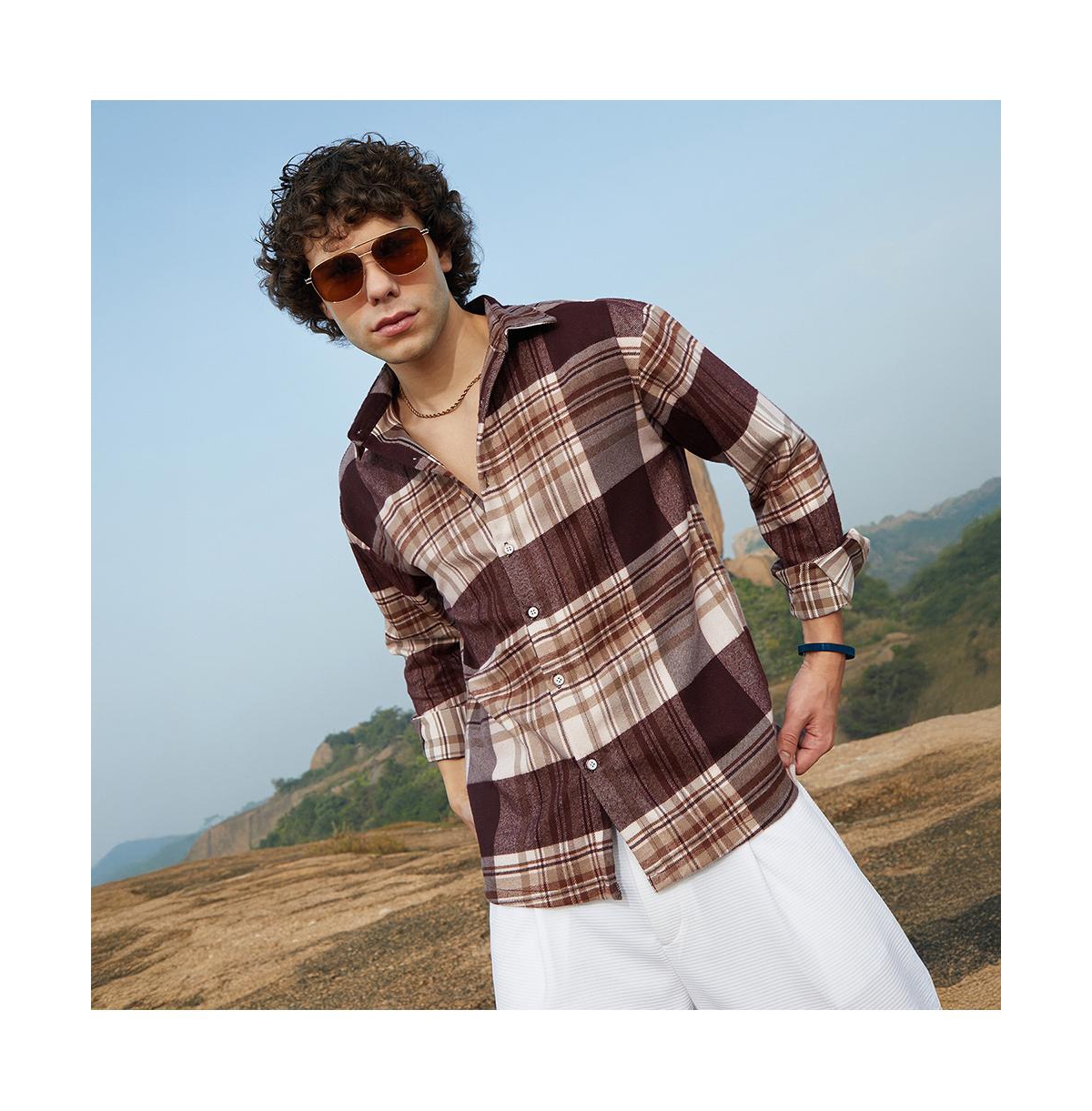 Campus Sutra Men's Mocha Brown Plaid Oversized Shirt