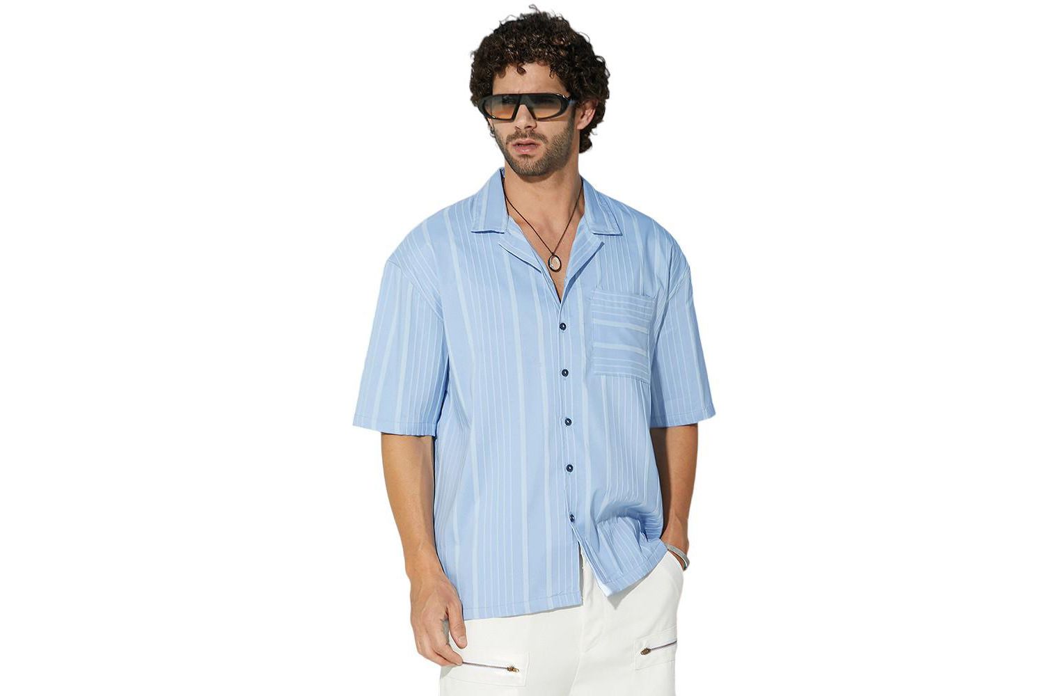 Men's Powder Blue Unbalanced-Ridge Oversized Shirt