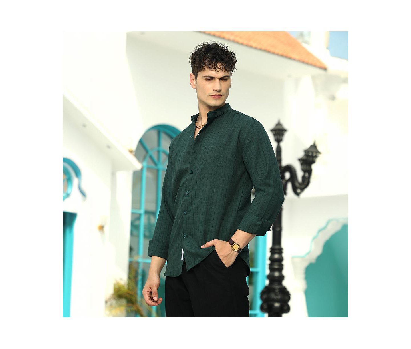 Мужская рубашка Cahoot Campus Sutra Emerald Green Pinstriped-Tactile, цвет: Зелёный — фото 3