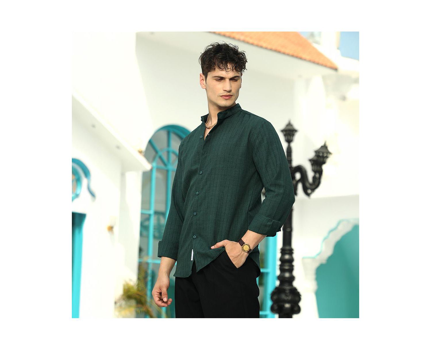 Men's Emerald Green Pinstriped-Tactile Shirt