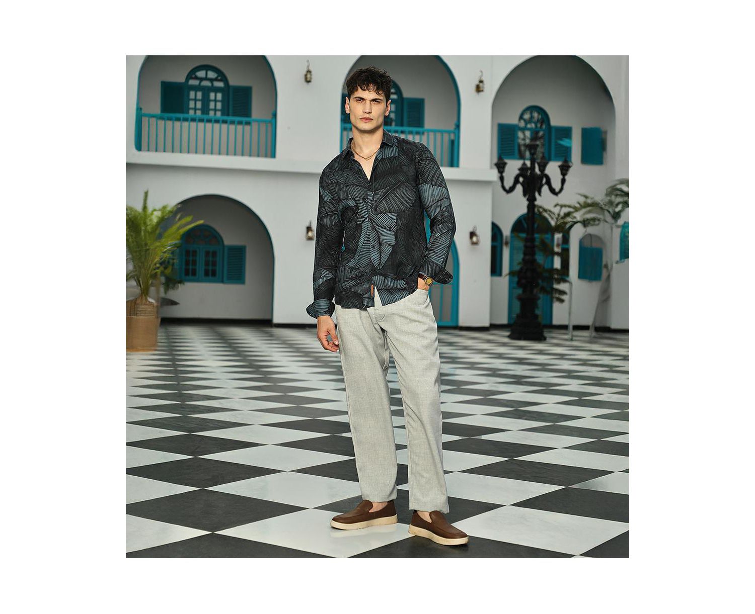 Men's Viridian Green Foliage-Outline Shirt