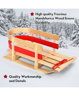 Wooden Snow Sled for Kids Classic Pull Sled with Backrest and Rope
