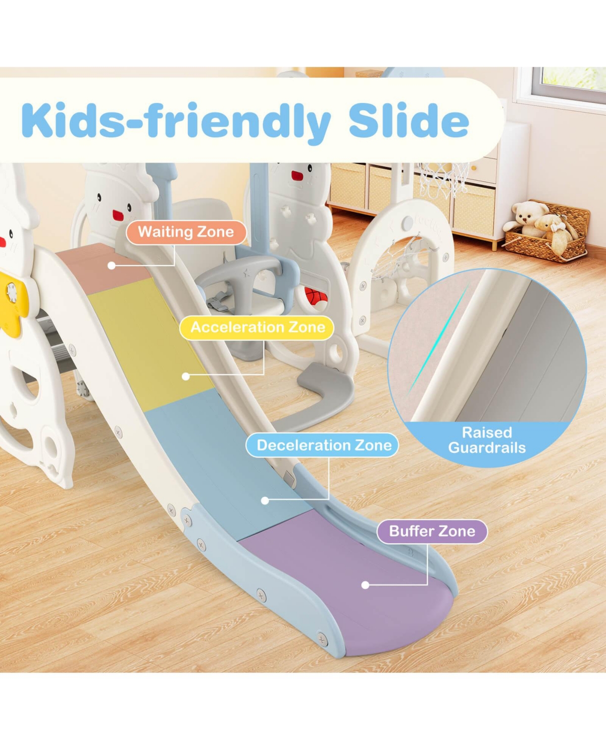 Costway 7-in-1 Toddler Slide with Height Adjustable Basketball Hoop & Swing Golf Soccer