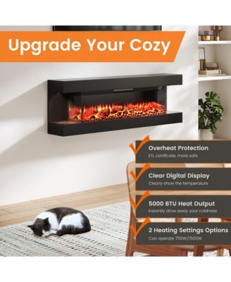 50 Inches Wall-Mounted Electric Fireplace With Led Lighted Mantel And Remote, Modern Indoor Heating Accent Fireplaces