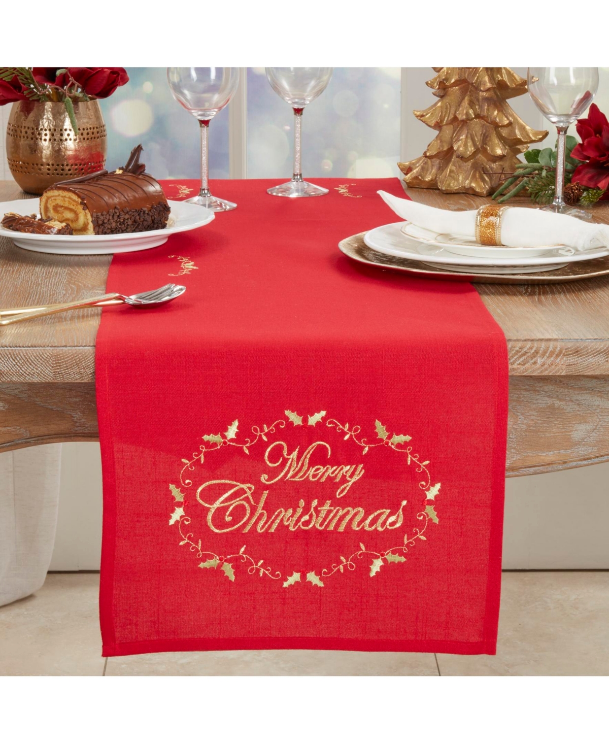 Saro Lifestyle Merry Christmas Embroidered Design Table Runner, 14" X 108" In Red