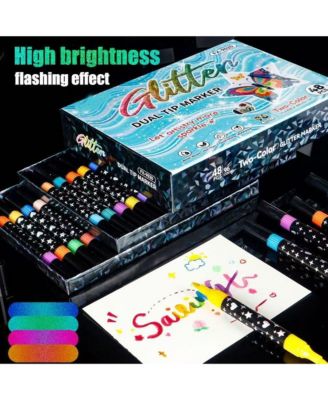 24 Colors Glitter Brush Markers, Double-Ended Two-Color Marker Pens for Doodle, Writing, DIY Crafts Greeting, Birthday Cards Making