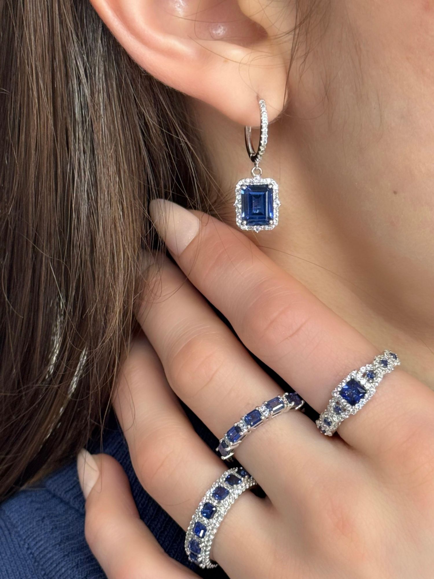Suzy Levian Sterling Silver Emerald Cut Gemstone Halo Dangling Earrings