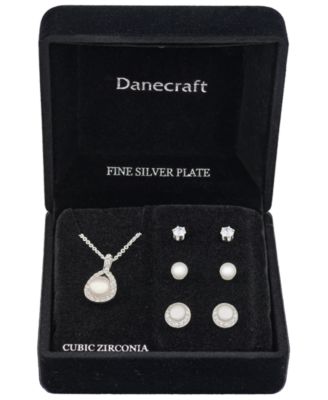 Silver-Tone Teardrop Mother of Pearl Pendant Necklace and 3 of Pair Earrings Set