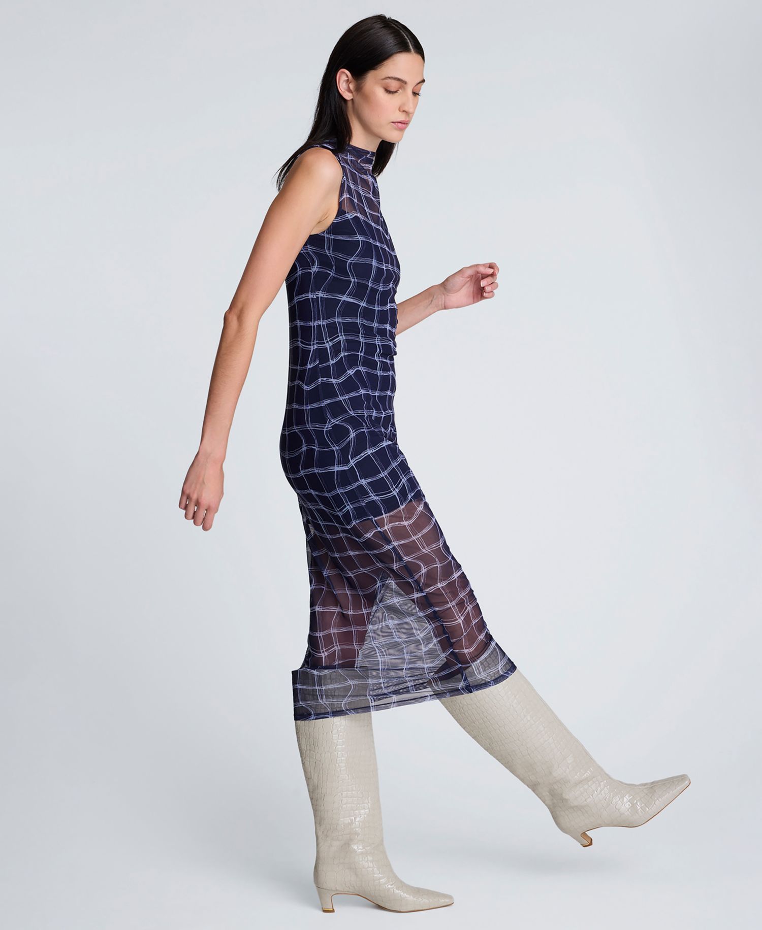 Women's High Neck Mesh Midi Dress