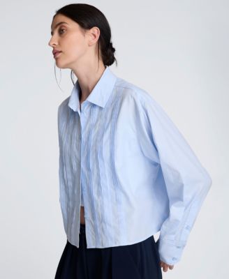 Women's Cropped Tuxedo Style Blue Button Down