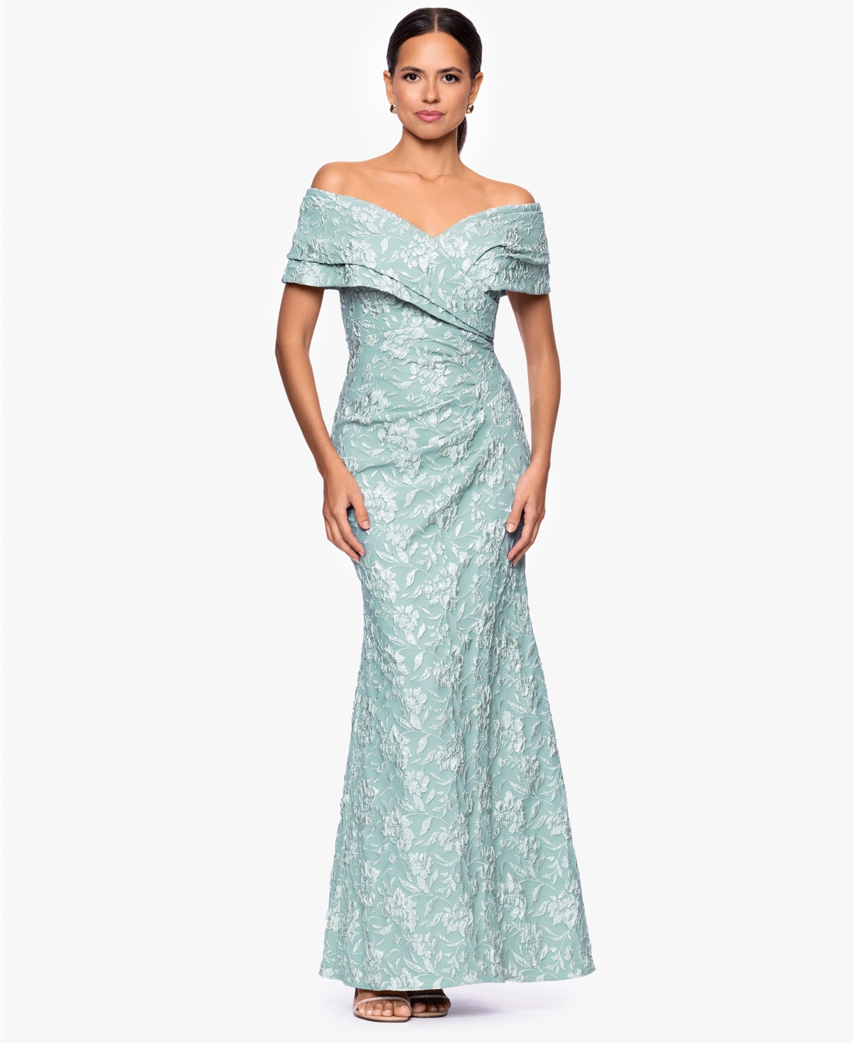 Betsy & Adam Women's Long Off-the-shoulder Dress In Blue