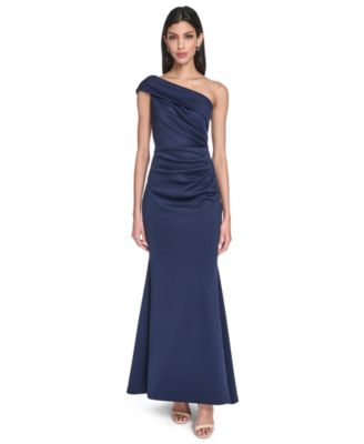 Women's Asymmetric-Neck Side-Pleat Scuba Gown