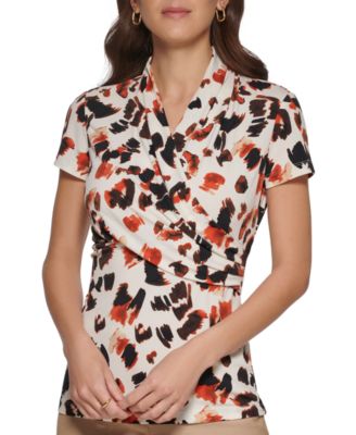 Petite Short-Sleeve Printed Wrap Blouse