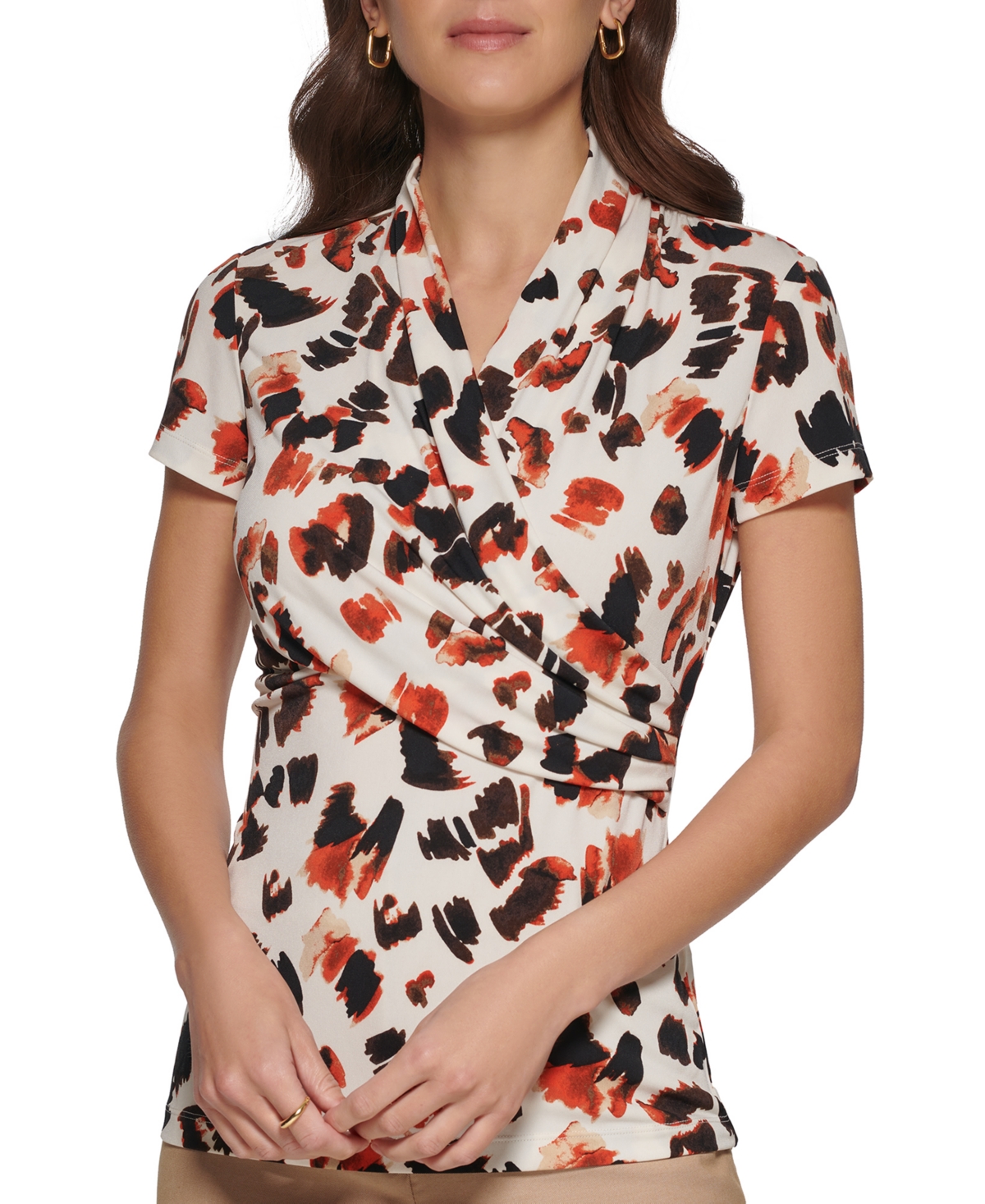 Dkny Petite Short-sleeve Printed Wrap Blouse In Multi