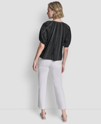 Women's Puff-Sleeve Top Stitch Tie Front Blouse