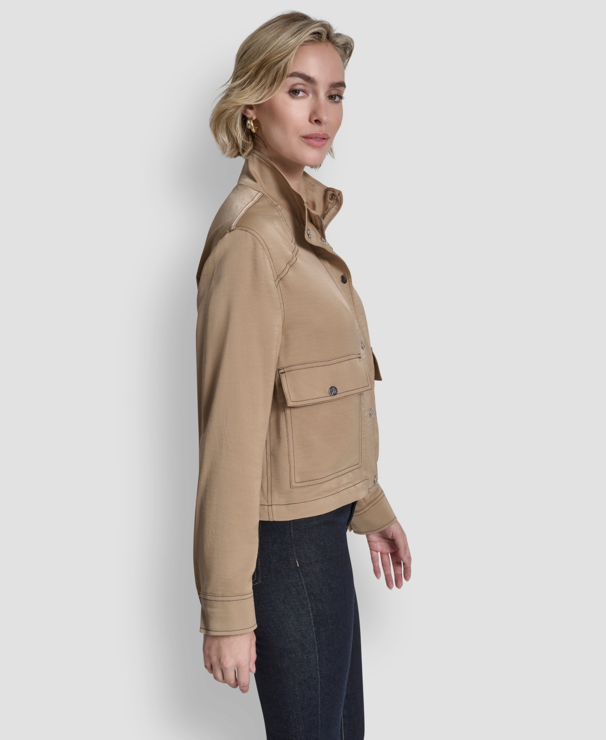 Dkny Women's Top Stitch Glazed High Mock Neck Dressing Jacket In Brown