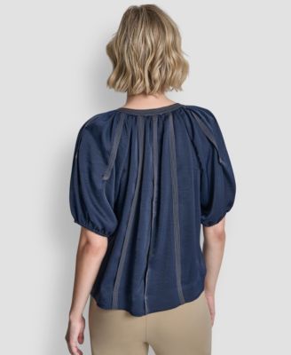 Women's Puff-Sleeve Top Stitch Tie-Front Blouse