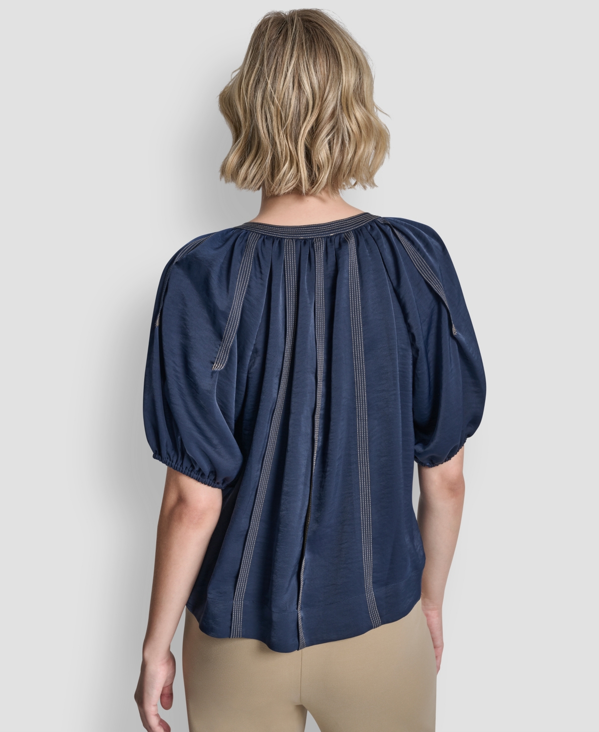 Dkny Women's Puff-sleeve Top Stitch Tie Front Blouse In Blue