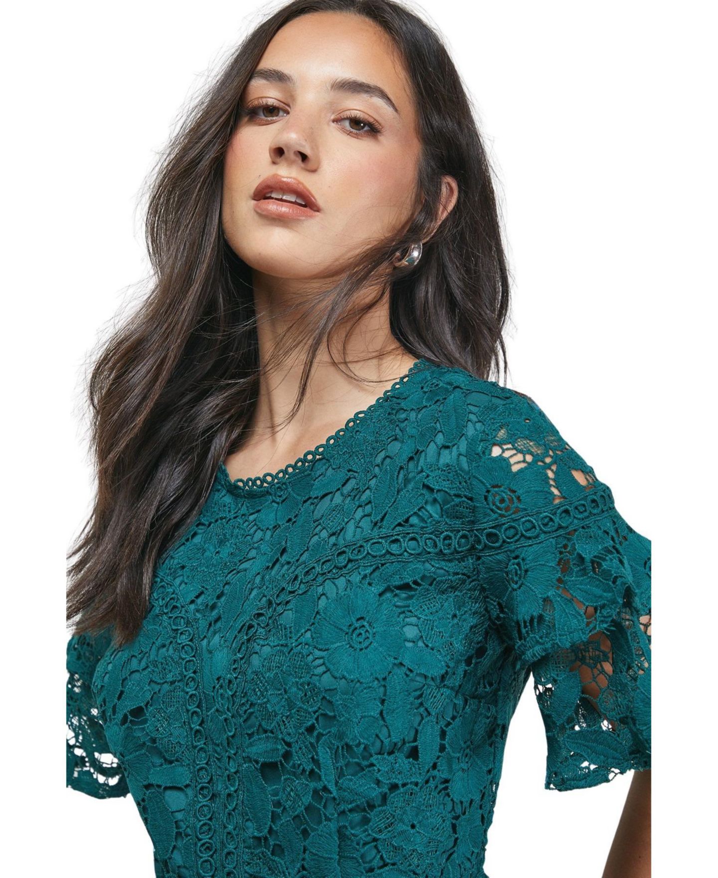 Женское платье Oasis Lace Trim Detail Frill Sleeve Mini, цвет: Зелёный — фото 4