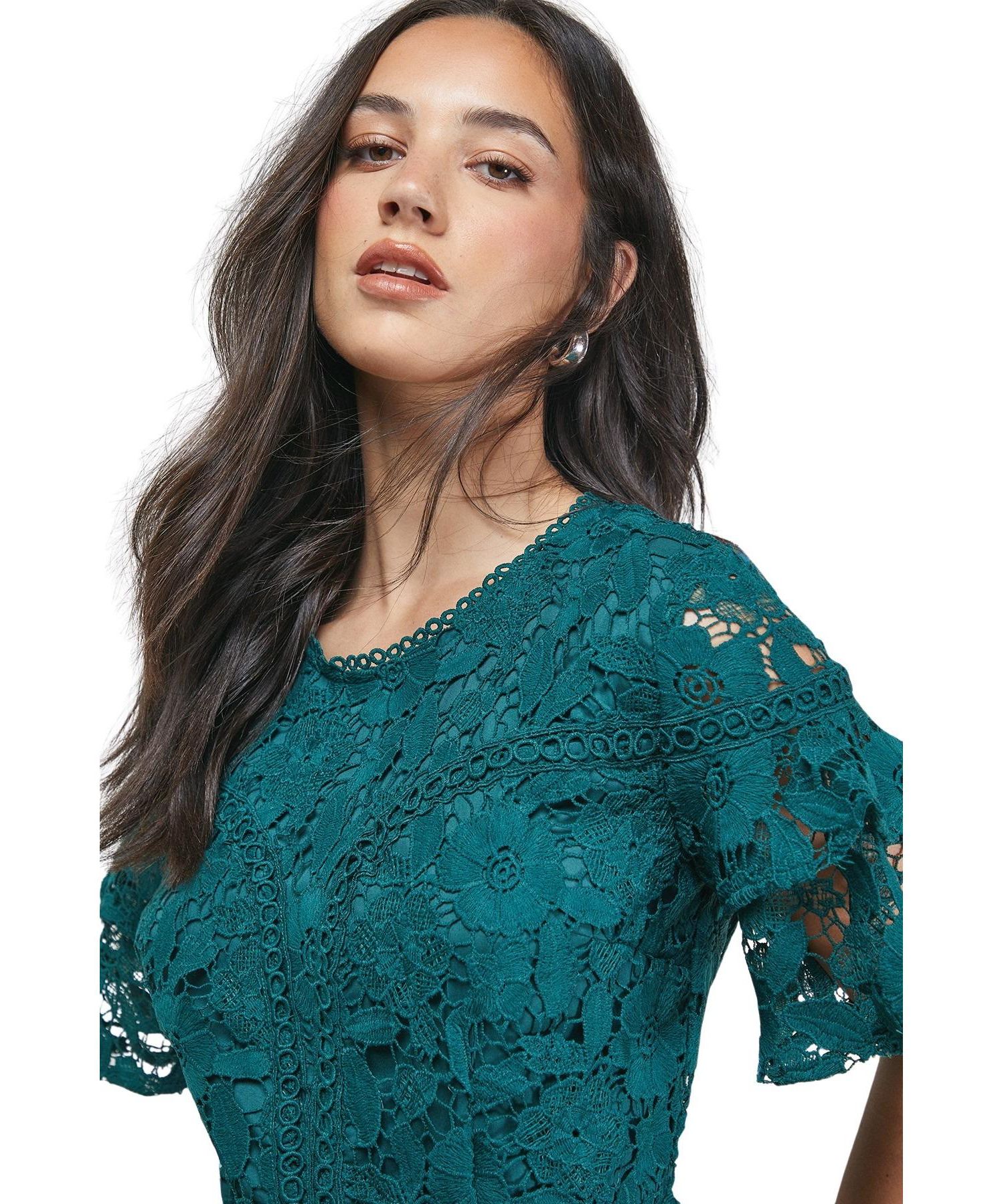 Women's Lace Trim Detail Frill Sleeve Mini Dress