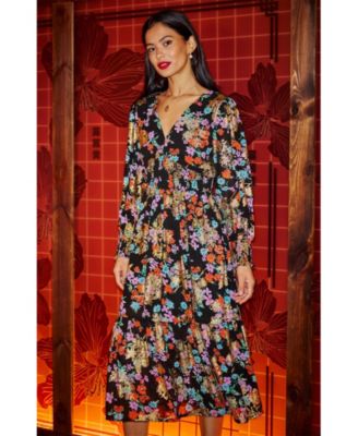 Women's Floral And Foil Ruched Midi Dress