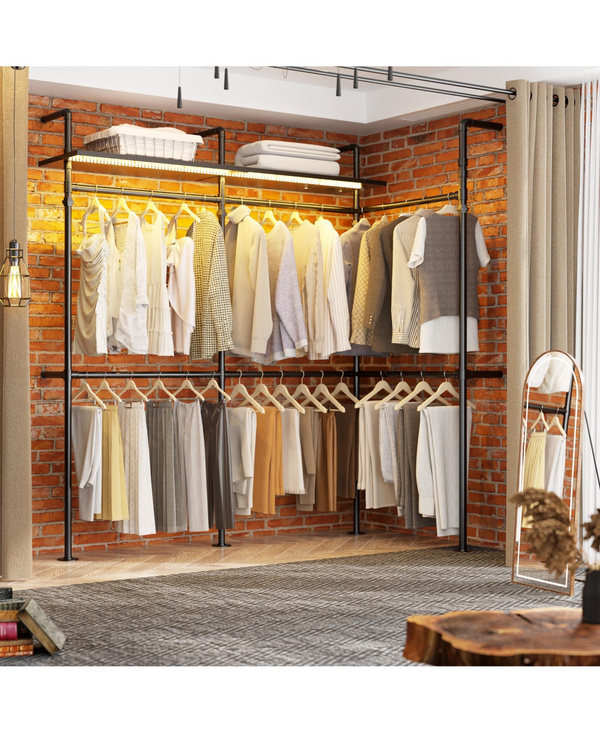 Industrial Pipe Clothing Rack, Reversible 118.3'' Clothes Rack for Hanging