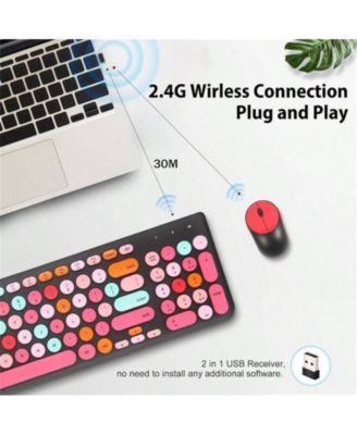 Wireless Keyboard & Mouse Combo, Typewriter Style with Round Keycaps, 2.4GHz for Computer, Desktop, Laptop - Black Colorful