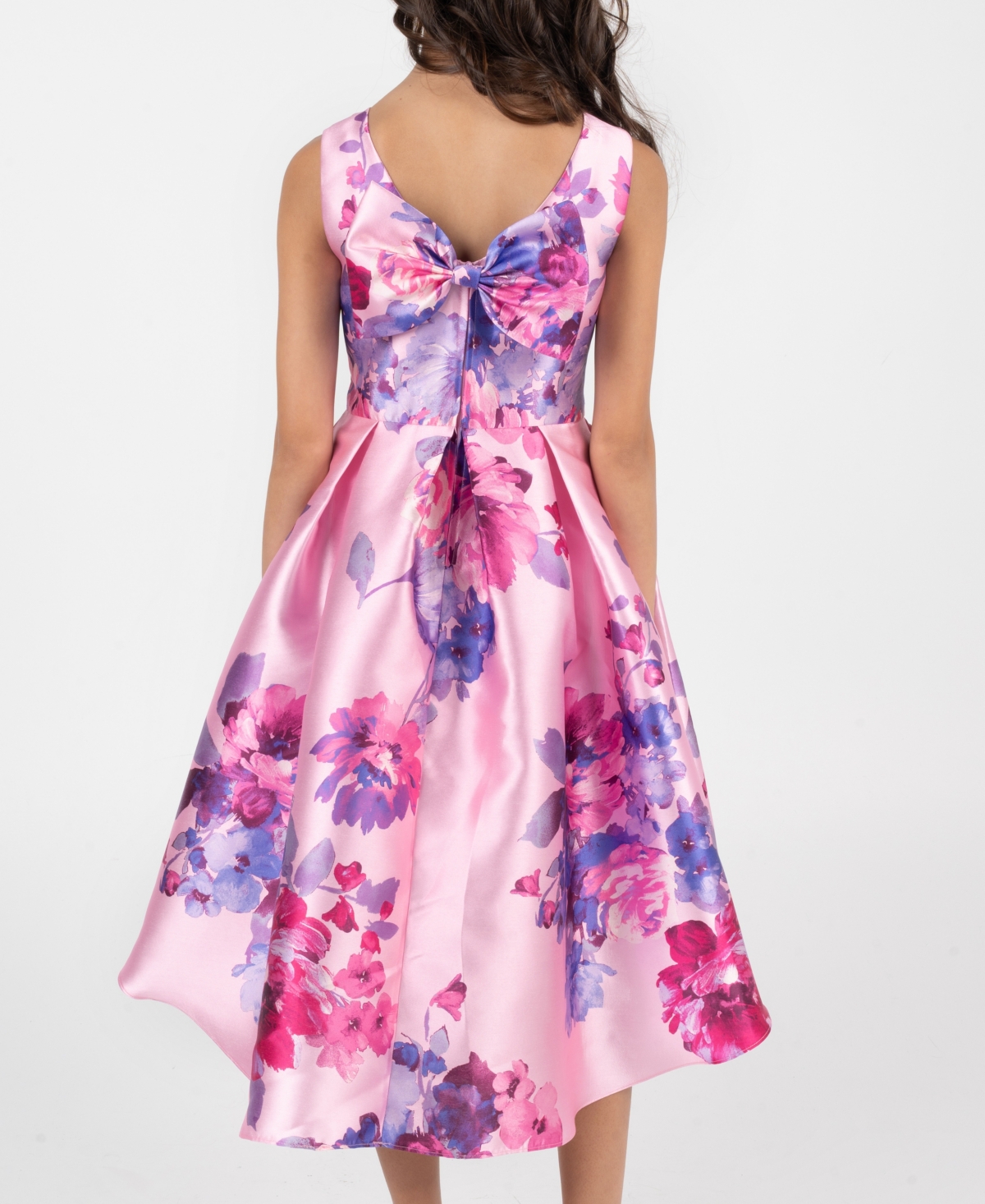 Rare Editions Girls 7-16 Printed Mikado Pleated Hi-Low Dress with Back Bow
