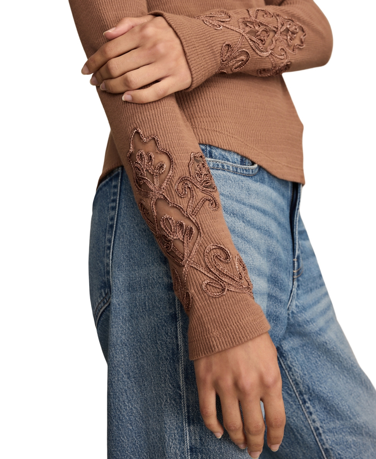 Lucky Brand Cutwork Detail Cotton Rib Top In Brown