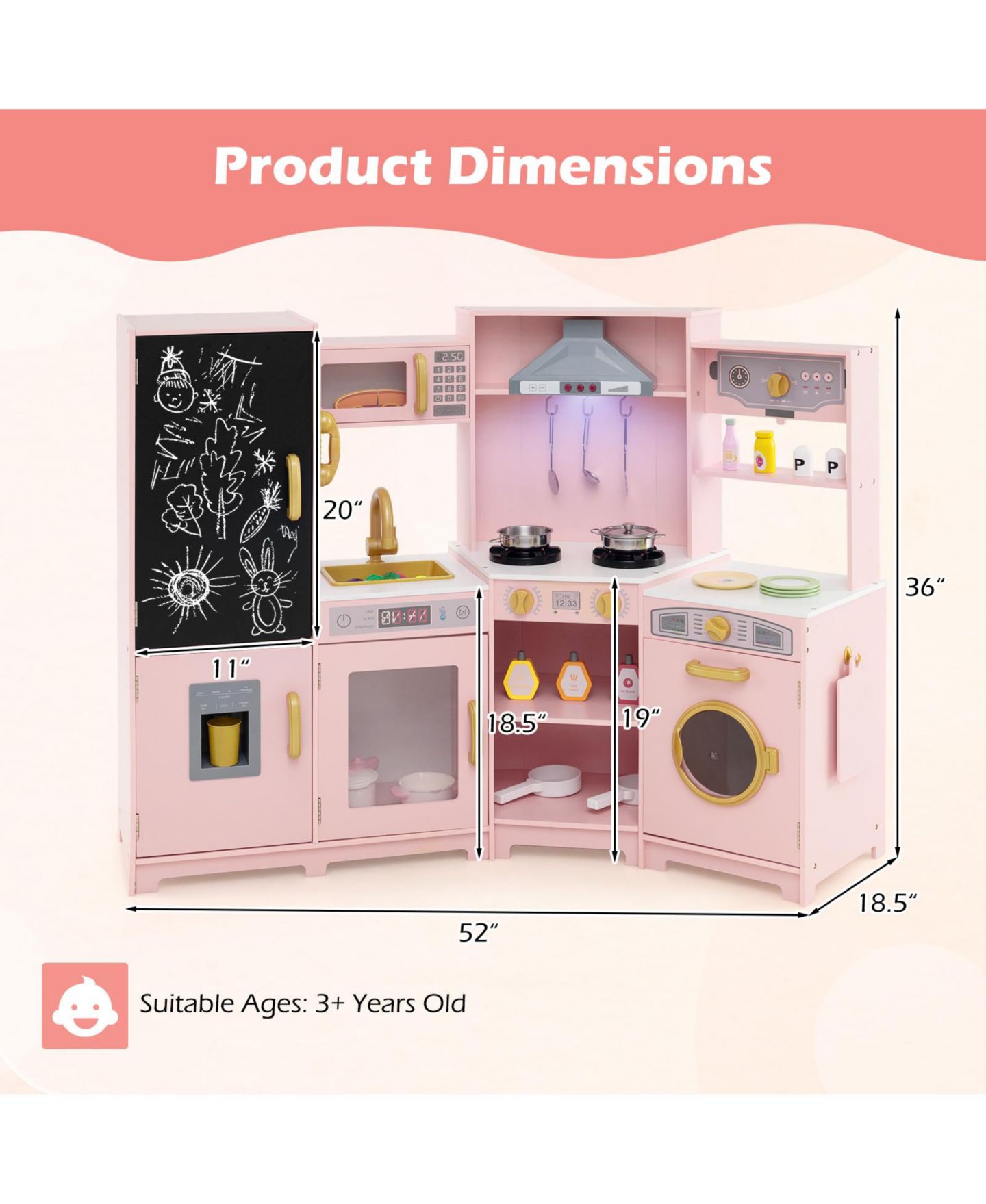 Детская игрушка Gymax Corner Kids Play Kitchen Wooden Pretend Toy Kitchen with Realistic Lights, цвет: Розовый — фото 3