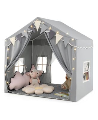 3-4 Kids Large Play Tent House w/ 2 Opening Doors Star Lights & Plaid Pennants