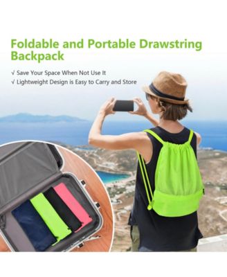 Drawstring Backpack String Bag Foldable Sports Sack with Zipper Pocket-Green