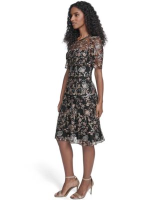 Petite Printed Elbow Sleeve Fit & Flare Dress