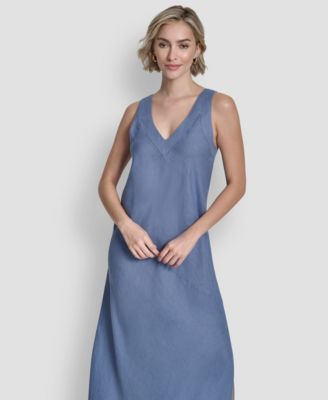 Women's Linen Panelled V-Neck Midi Dress