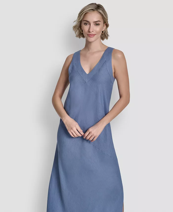Women's Linen Panelled V-Neck Midi Dress - thumbnail 10