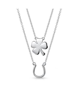 Set of 2 Four Lucky Clover & Lucky Horseshoe Pendant Necklace Sterling Silver