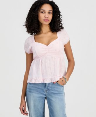 Juniors' Short-Sleeve Embroidered Sweetheart-Neck Babydoll Top