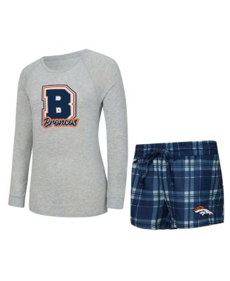Concepts Sport - Women's 2-Piece Heather Gray/Navy Denver Broncos Regulate Plaid Long-Sleeve T-Shirt and Shorts Sleep Set