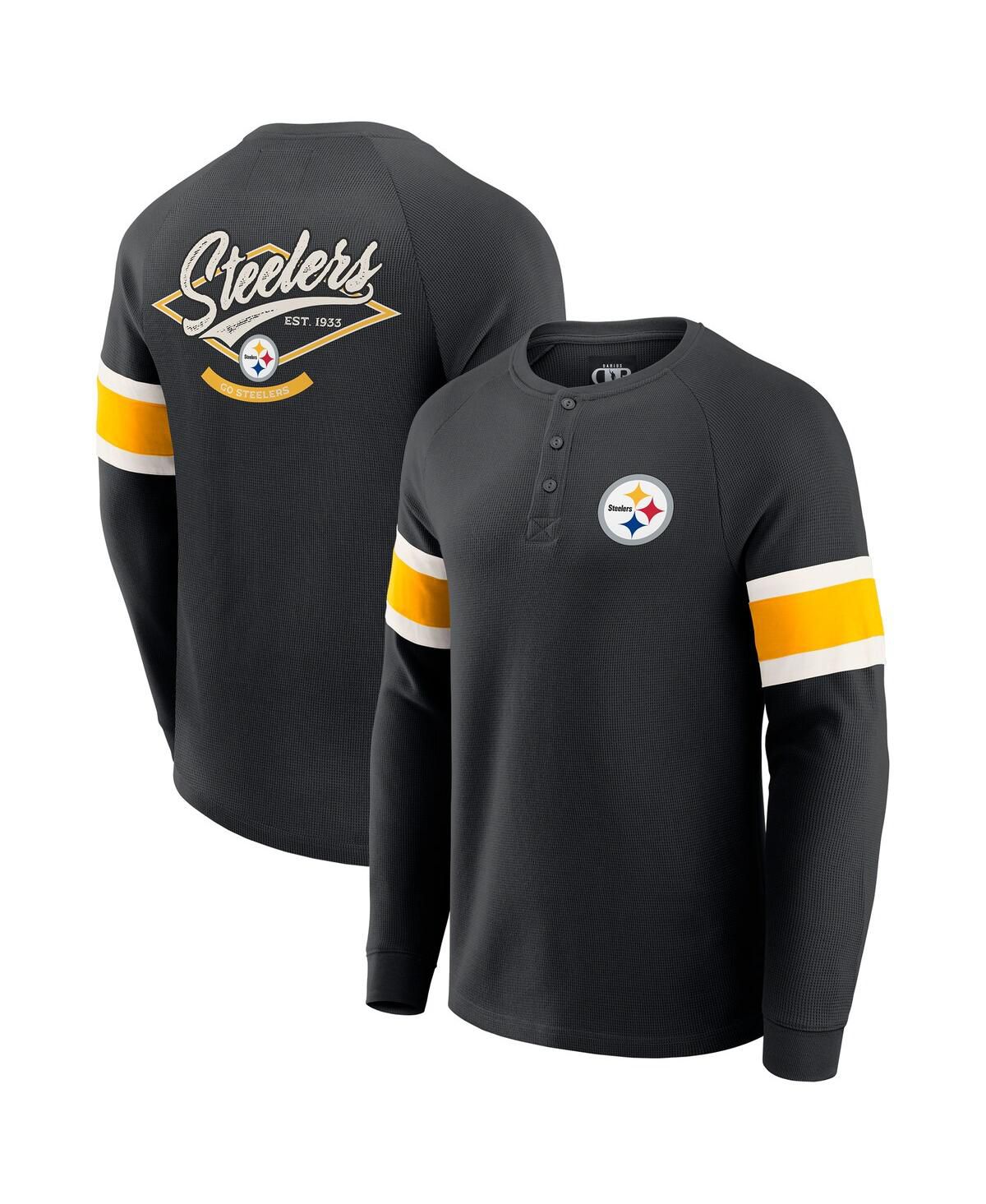 Мужская черная футболка Henley из вафельного трикотажа Pittsburgh Steelers Реглан с длинным рукавом