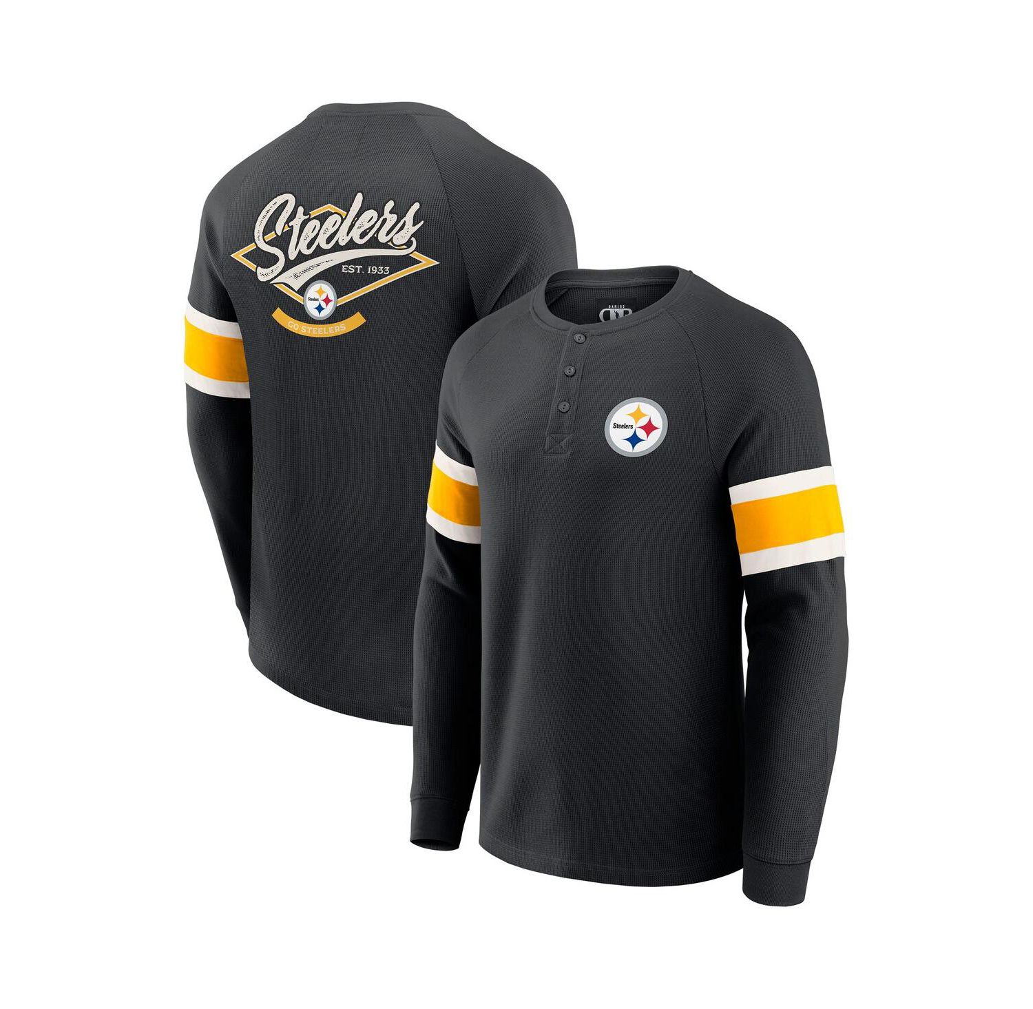 Men's Black Pittsburgh Steelers Waffle-Knit Raglan Long Sleeve Henley T-Shirt