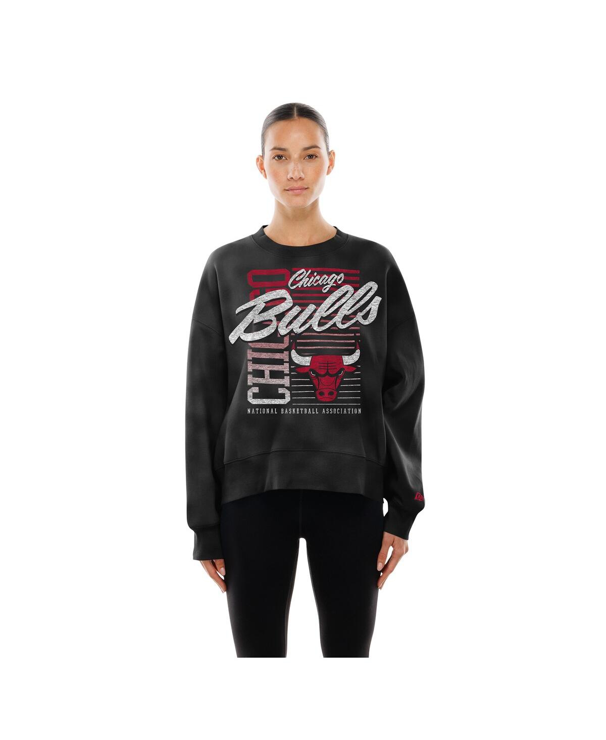 New Era Women's Black Chicago Bulls Boxy Throwback Mineral Wash Sweatshirt In Black