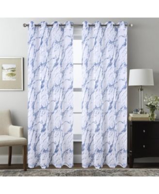 Marble Grommet Metallic Sheer Printed Doily Curtain Panel Pair 36" x 84" Blue