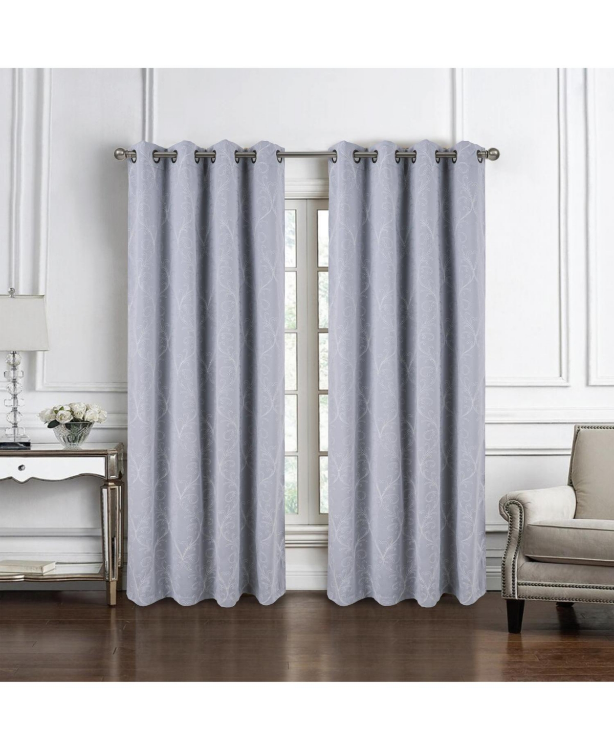 Rt Designer Collection Kimber 2 Pack Embroidered Blackout Luxurious Decorative Grommet Curtain Panel 36" x 84" Silver