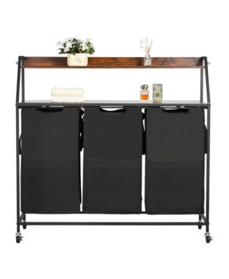 Laundry Sorter on Wheels with 2 Tiers, 3 Bags, and Hooks