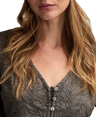 Women's Embroidered Yoke Tiered Long-Sleeve Top