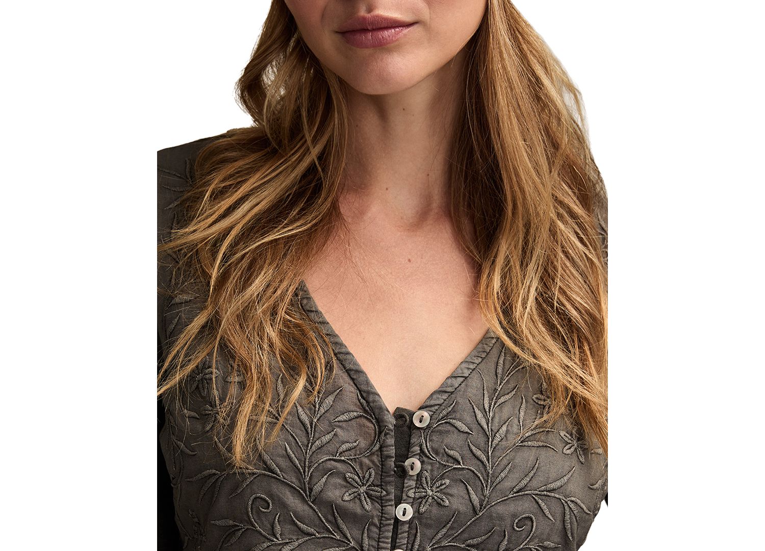 Women's Embroidered Yoke Tiered Long-Sleeve Top