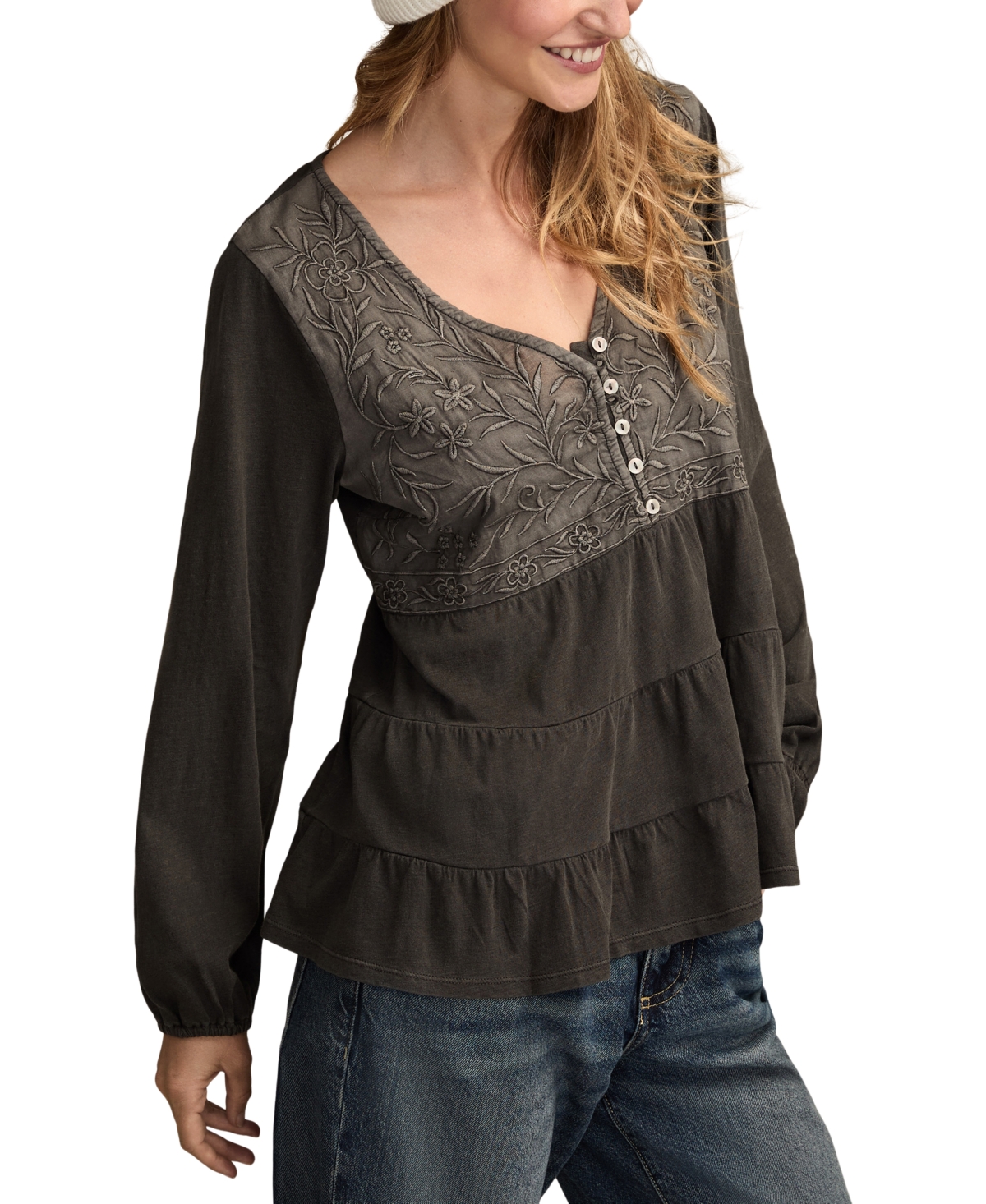 Lucky Brand Women's Embroidered Yoke Tiered Long-Sleeve Top